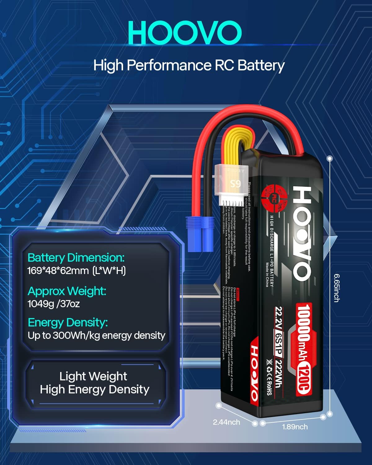 HOOVO 6S Lipo Battery 22.2V 10000mAh 120C RC Battery EC5 Plug Soft Case Compatible for RC Cars, Drones, DJI, FPV, RC Plane, Racing Hobby 2 Pack