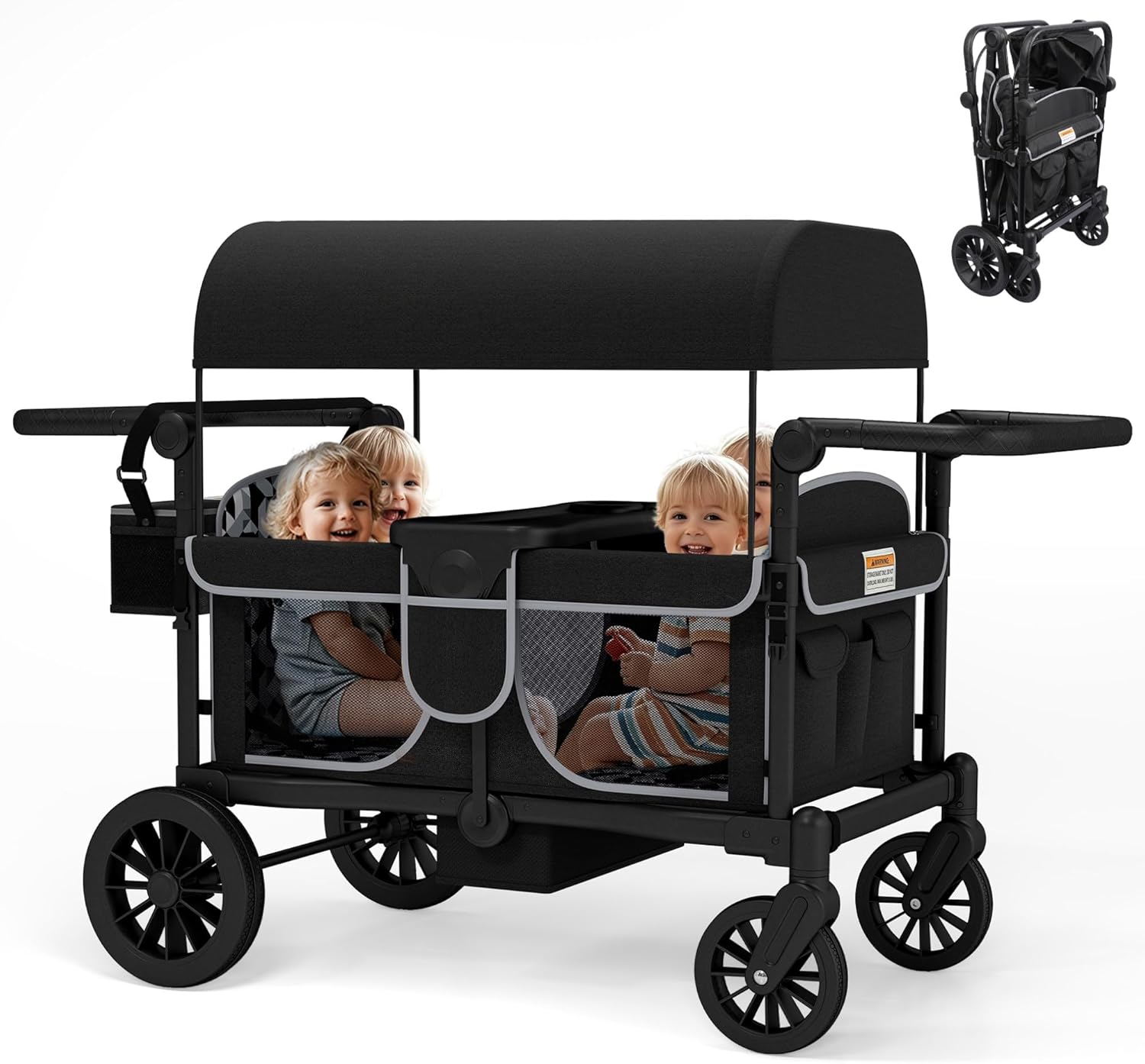 TOLEAD Wagon Stroller for 4 Kids, Foldable 4 Seats Outdoor Stroller Wagon with Canopy, Adjustable Handlebars, 5-Point Safety Harness, Detachable Tray, Portable Bag (Black)