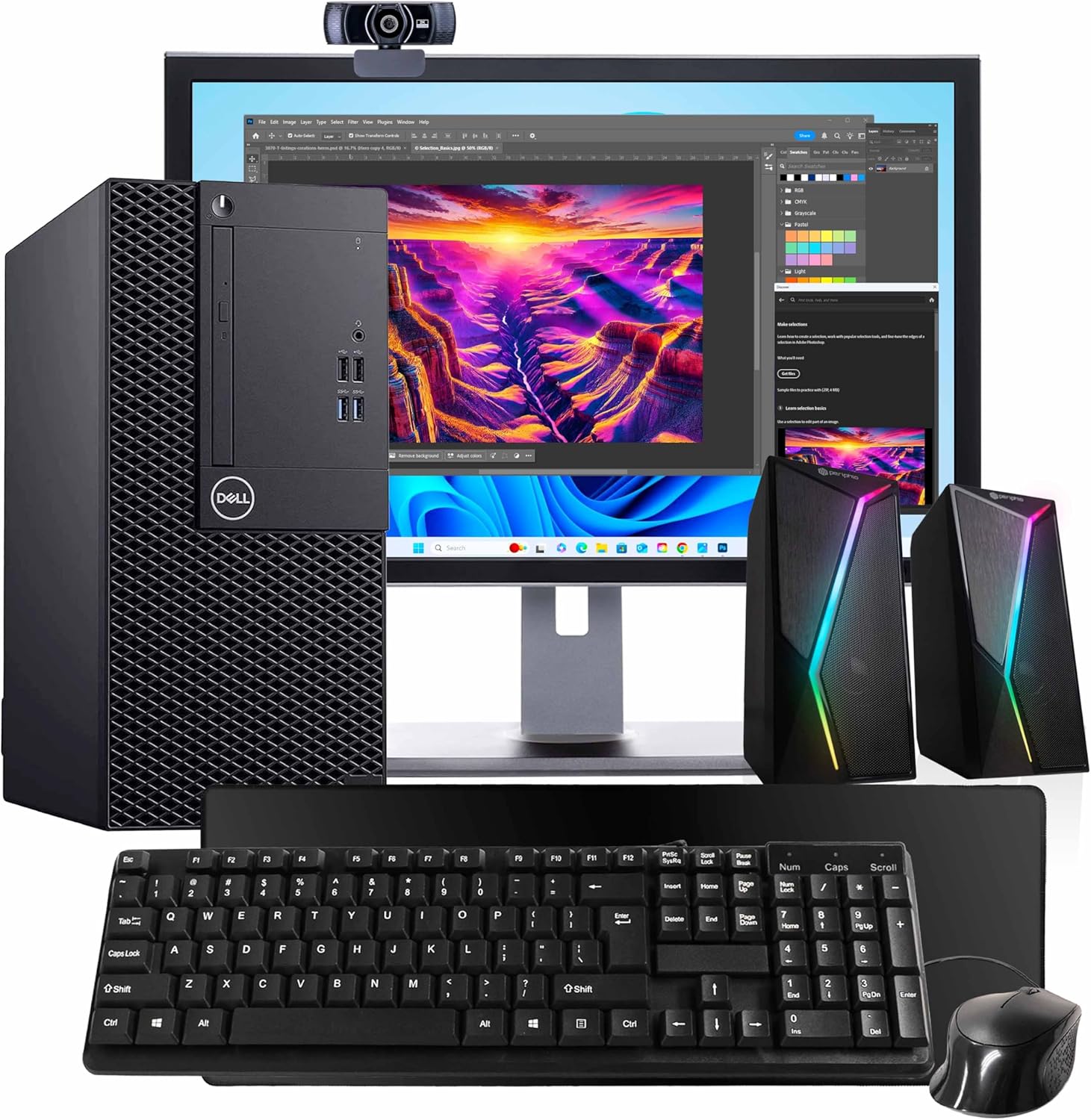 Dell OptiPlex 3060 PC | Intel Core i5-8500 | 16GB RAM | 1TB SSD | Quadro P620 | Windows 11 | AX200 WiFi 6 + Bluetooth | Keyboard & Mouse | RGB Speakers | 24” Refurb LCD | 2K Webcam | Deskpad (Renewed)