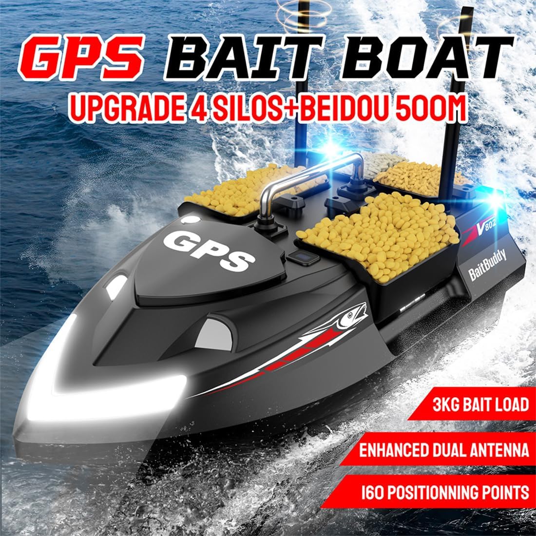 V802PRO 4‑Compartment GPS RC Bait Boat, 3kg Large Capacity, 500m Range, Auto Cruise & Return, Night Lights, DIY Fishing RFID Boat for Adults & Anglers