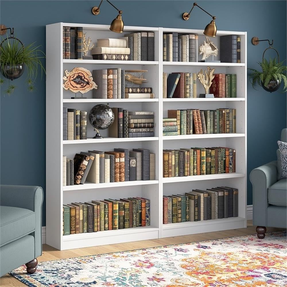 Pemberly Row Universal 5 Shelf Bookcase in Pure White (Set of 2)