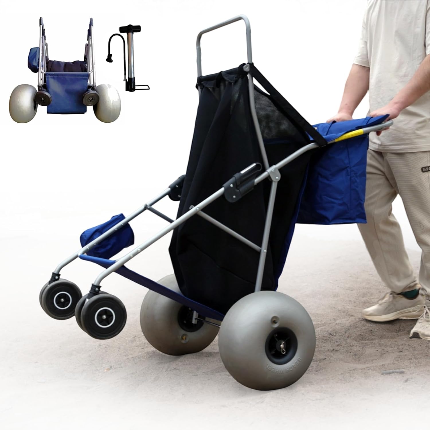 Beach Cart with 13‘’ Balloon Wheels, Holds 4 Folding Chairs, Collapsible Buggy with Big Wheels for Sand, Pump Included