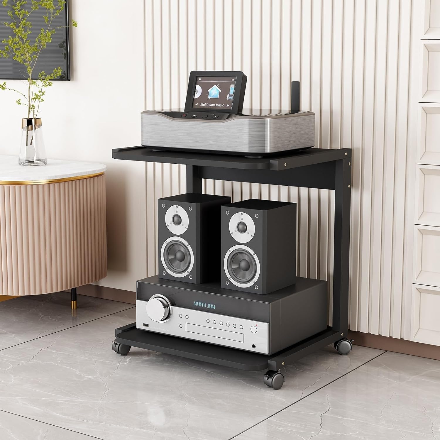 Media Stand 2-Tier Movable AV Media Stand Corner TV Shelf Amplifier Rack Audio DVD CD Players Stand Modern Stereo Component Cabinet Open Storage Shelf for Home/Office/Theater