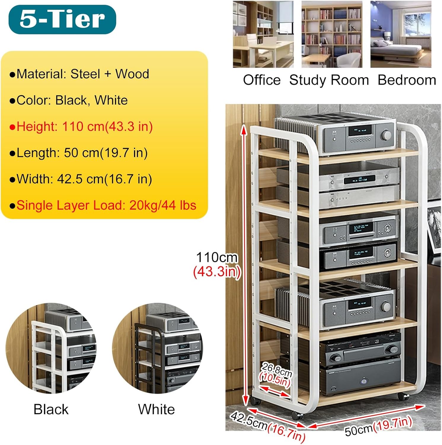 Tall Stereo Stands for Living Room - 27/35/43 Inch Media Rack with 360 Swivel Wheels