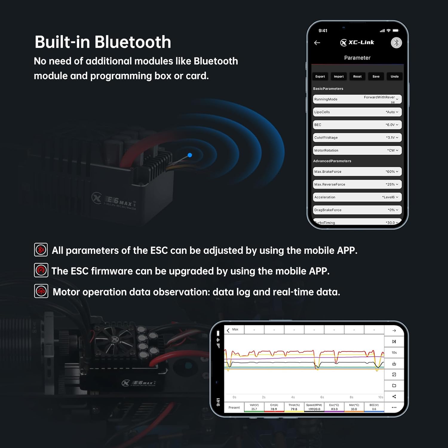 XC E6MAX APP Controls Sensored Brushless ESC for RC Car, 3-8S Lipo,550A Continuous Current,8-25A、6.0/7.4/8.4V BEC,Suitable for 1/6、1/7 Scale On-Road Speed Car Truck Monster