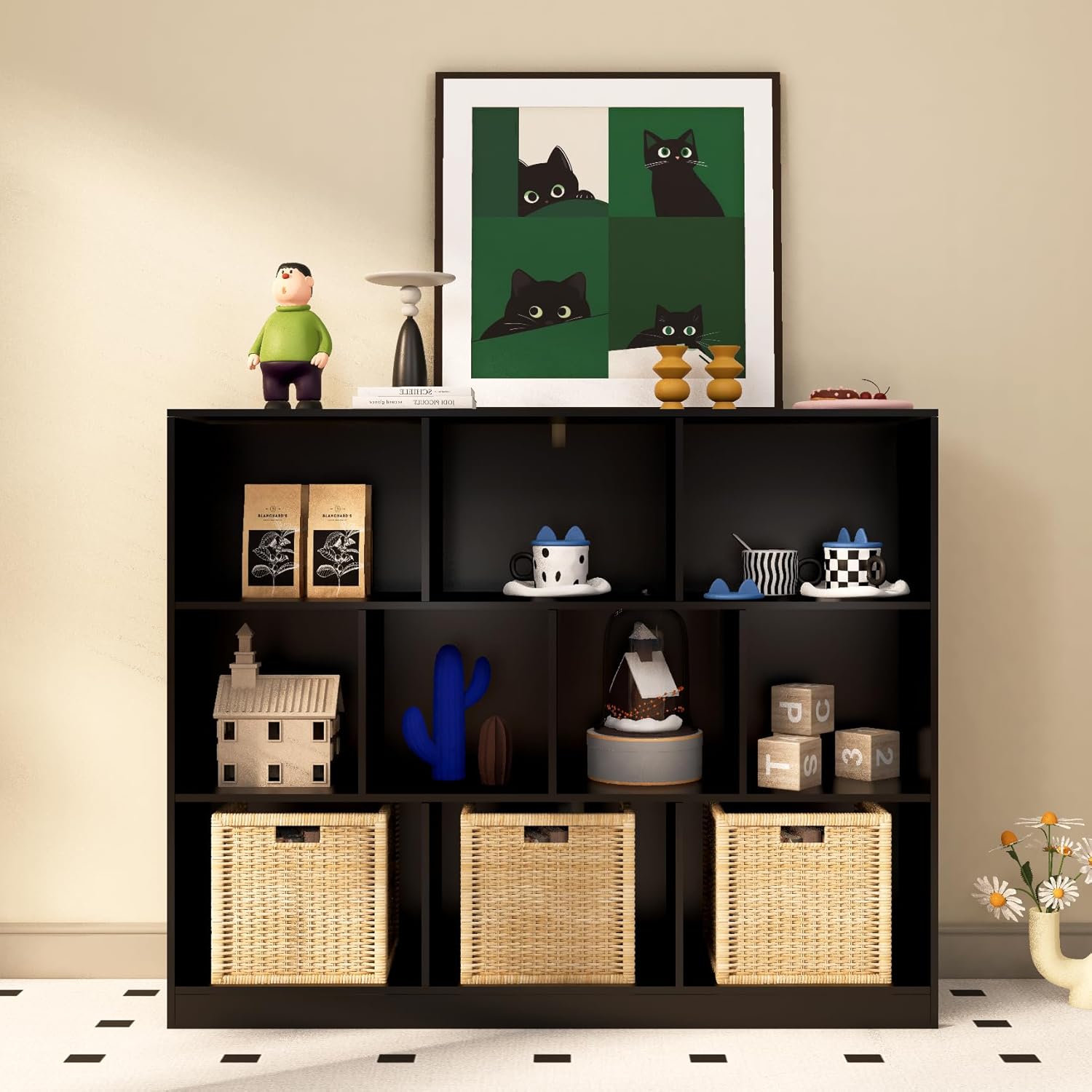 NewBeth Black Bookshelf, Wooden Bookshelf with Base, Cube Storage Organizer, Bookcase for Living Room,Bedroom,Study and Office(Black, 10-Cube)