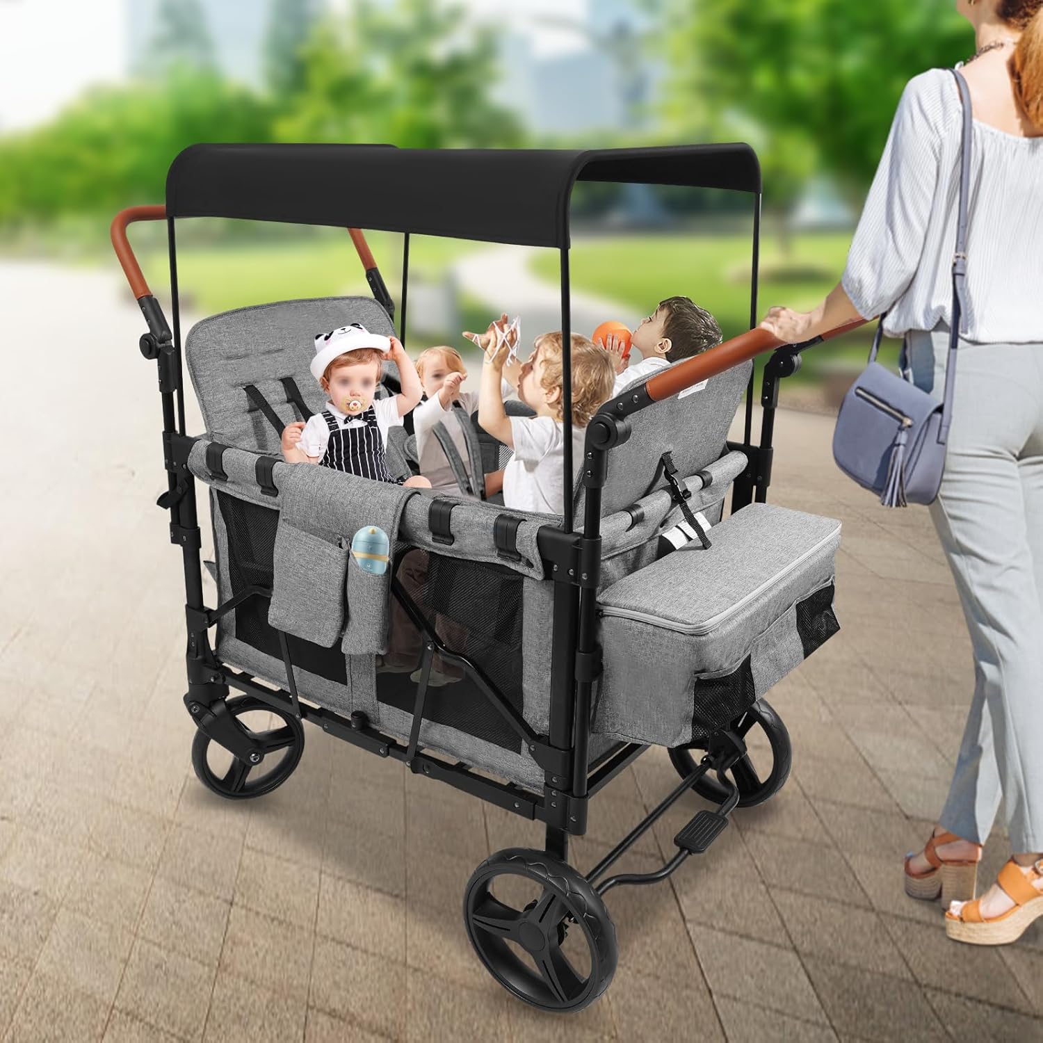 Wagon Stroller for 4 Kids, Collapsible W4 Stroller with Canopy & Five-Point Safety Harness, Foldable Strollers Wagon Adjustable Push Handle & Sun Canopy for Travel (Holds 245 lbs- Grey)