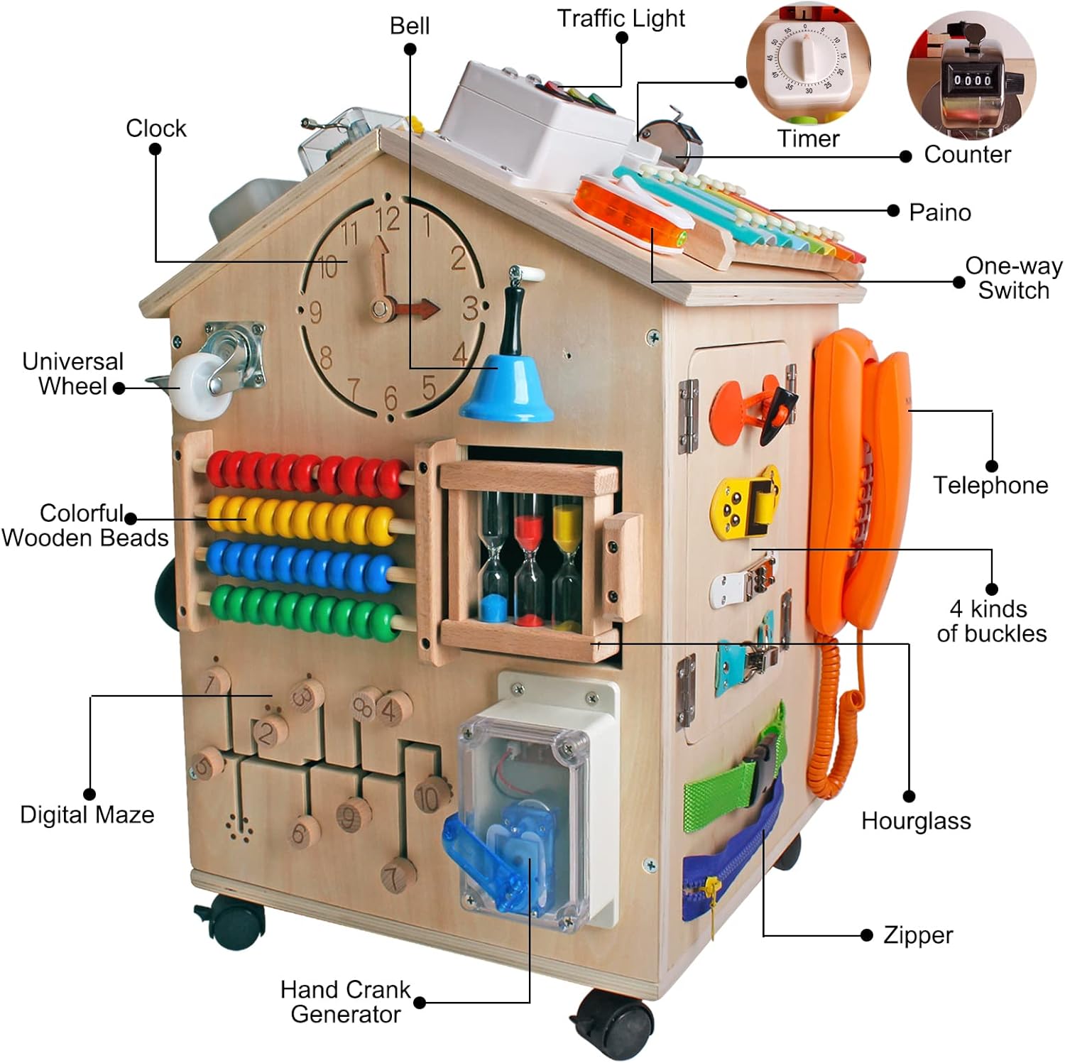 SHIERDU Montessori Wooden Busy House Basic Life Skills and fine Motor Training for Children, pre-School Education and Learning Busy Board, Sensory Game Toys, Large Gifts for Boys and Girls