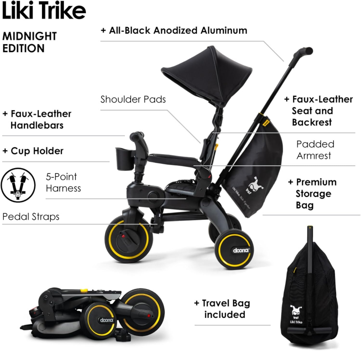 Doona Liki Trike, Midnight Edition - 5-in-1 Compact, Foldable Tricycle - Suitable for Toddlers 10 to 36 Months