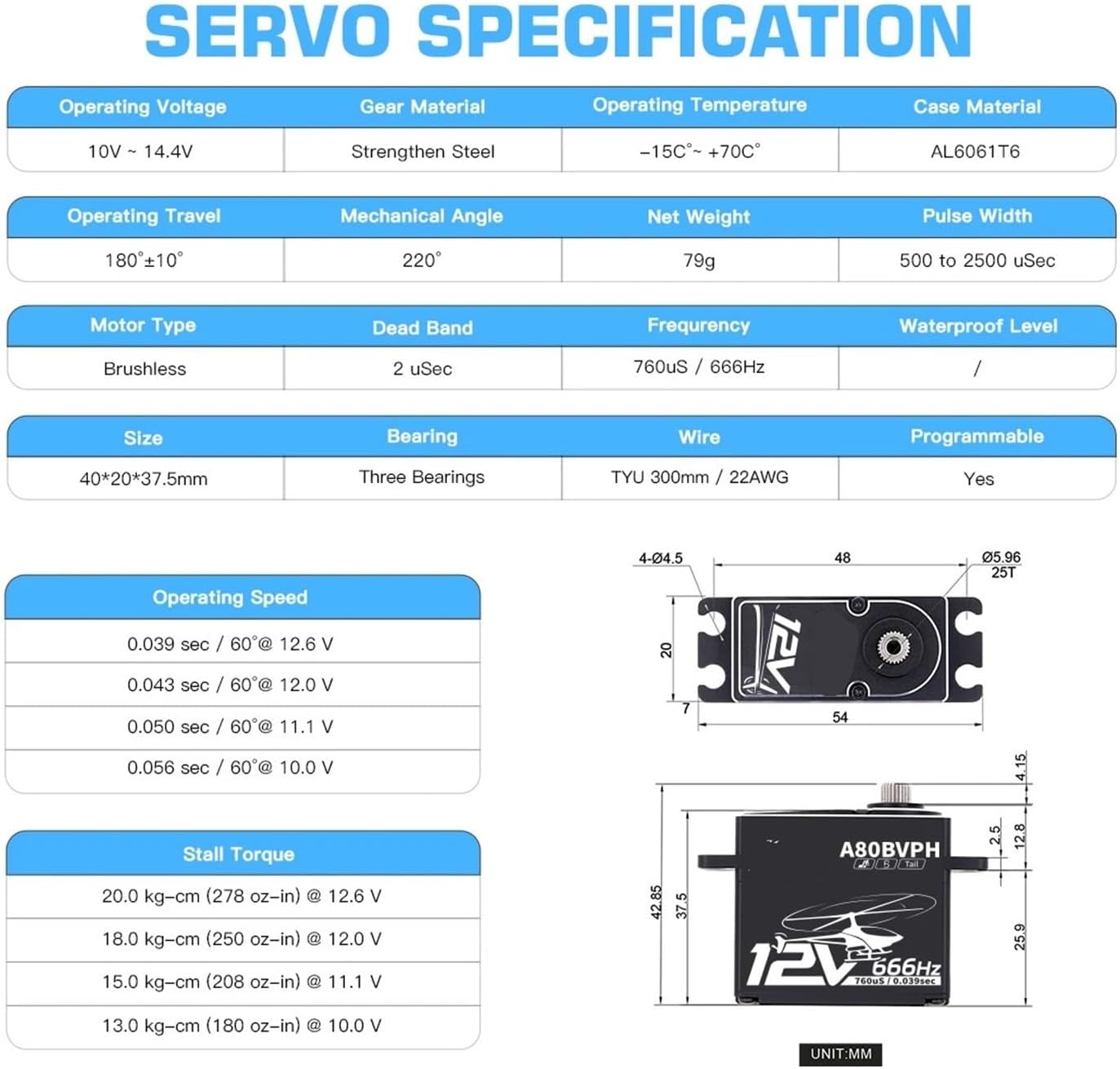 A80BVPH Tail servo 20KG 666Hz 0.039S Fast 12V high Voltage brushless programmable Digital Tail servo Suitable for RC 450-700 Level(A80BVPH Tail set1)