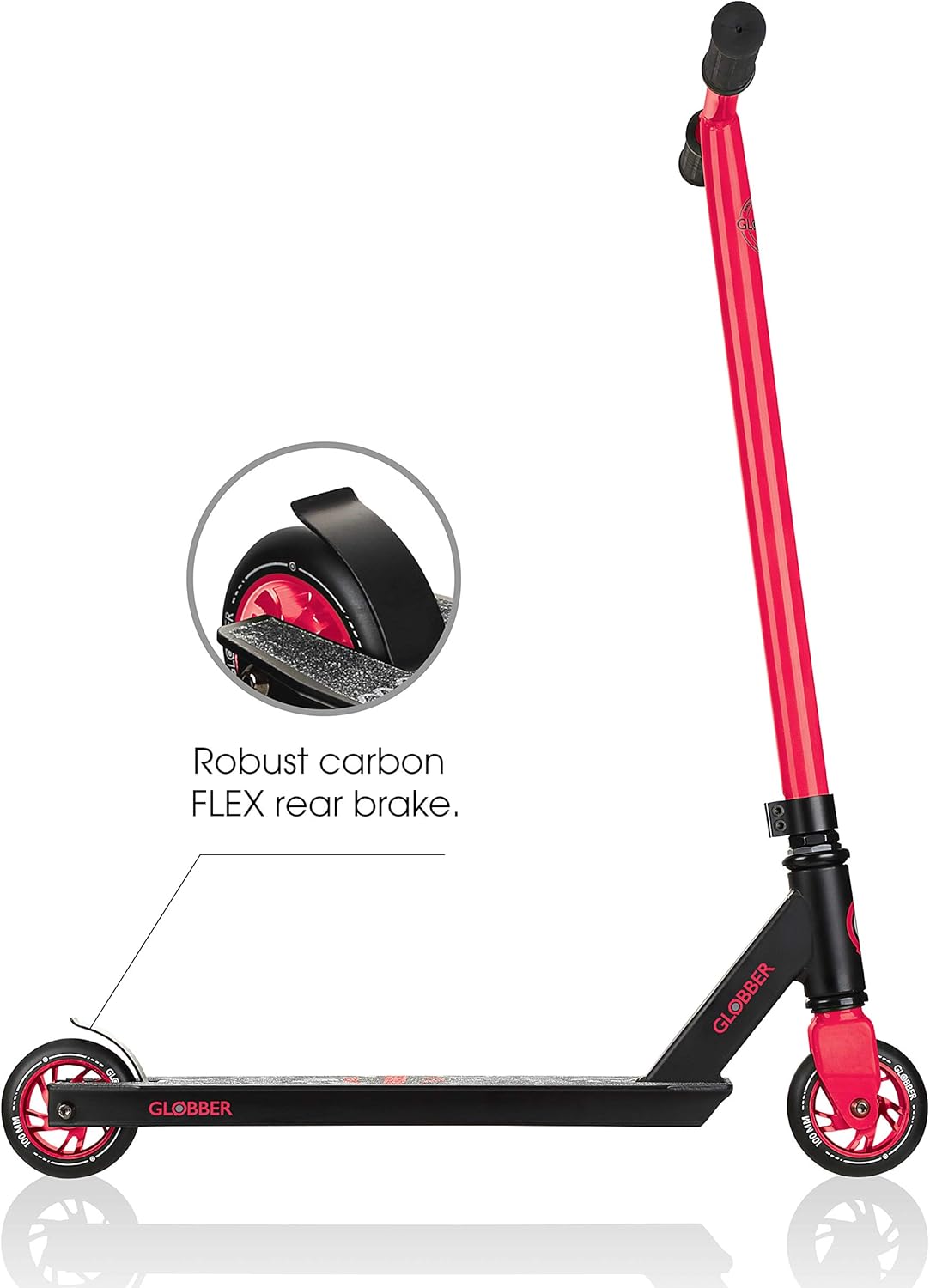 Globber Stunt Scooter GS 360 2-Wheel Stunt Scooter Sturdy Aluminium Deck, Reinforced 83° Aluminium downtube for Teens and Adults (Black/Red)