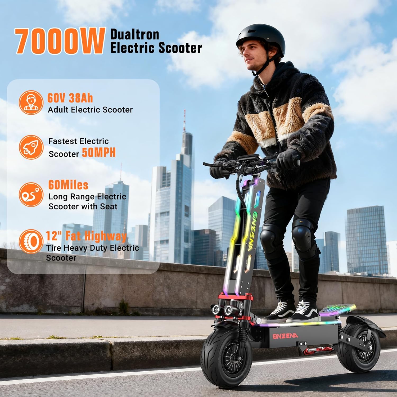 Electric Scooter Adults - 7000W Dual Motor Fast Electric Scooter, 38Ah Battery 70 Miles Long Range, 55MPH High-Speed Foldable Off-Road Commuter Scooter with Seat, LED Atmosphere Lights