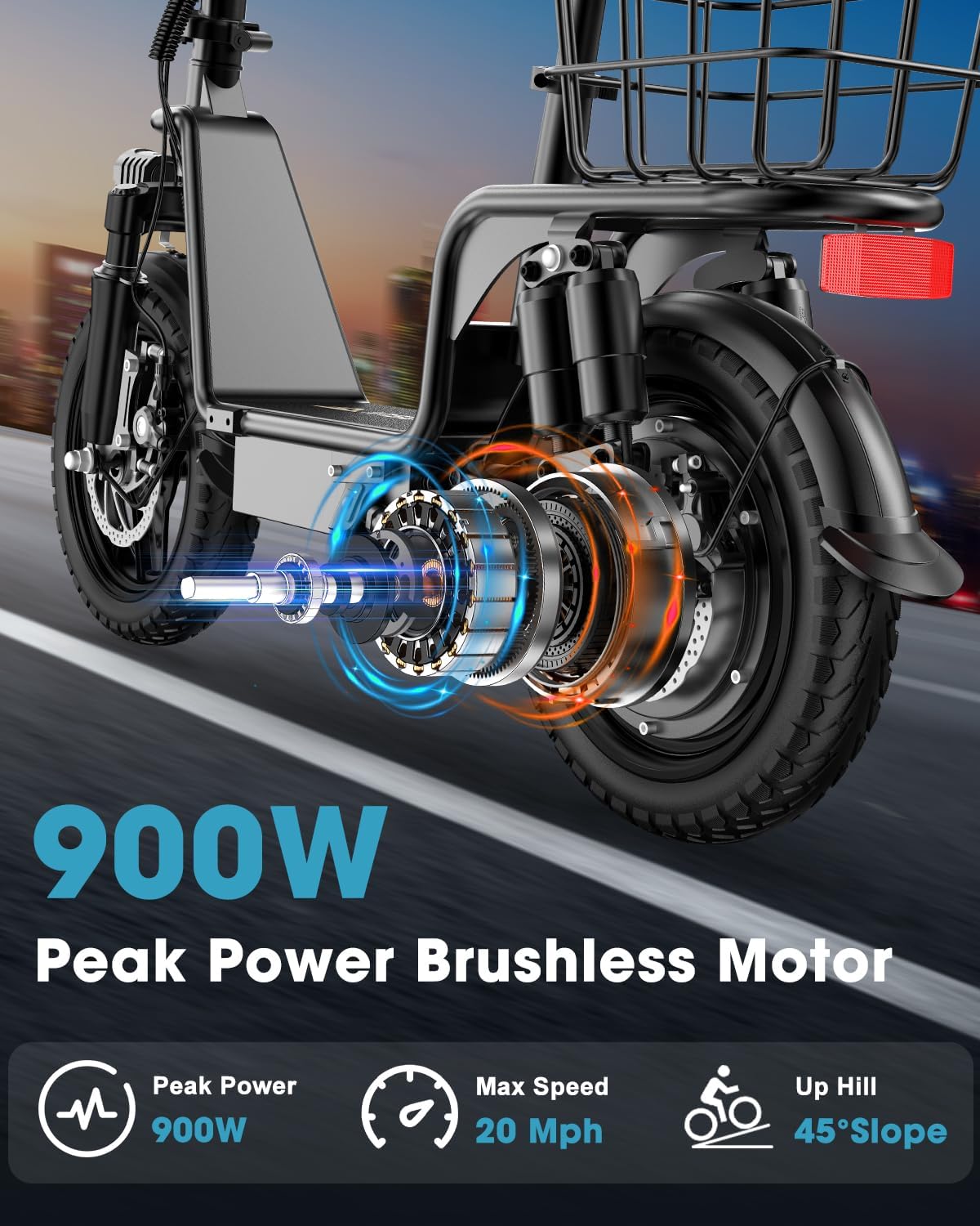 Peak 900W/1300W Electric Scooter for Adults with Seat, 48V 10.4Ah/13Ah Li Battery, 28-35 Miles Range eScooter, 20MPH Commuter E Scooter with Basket, Max 330LBS, UL2849 Certified, C14 PRO