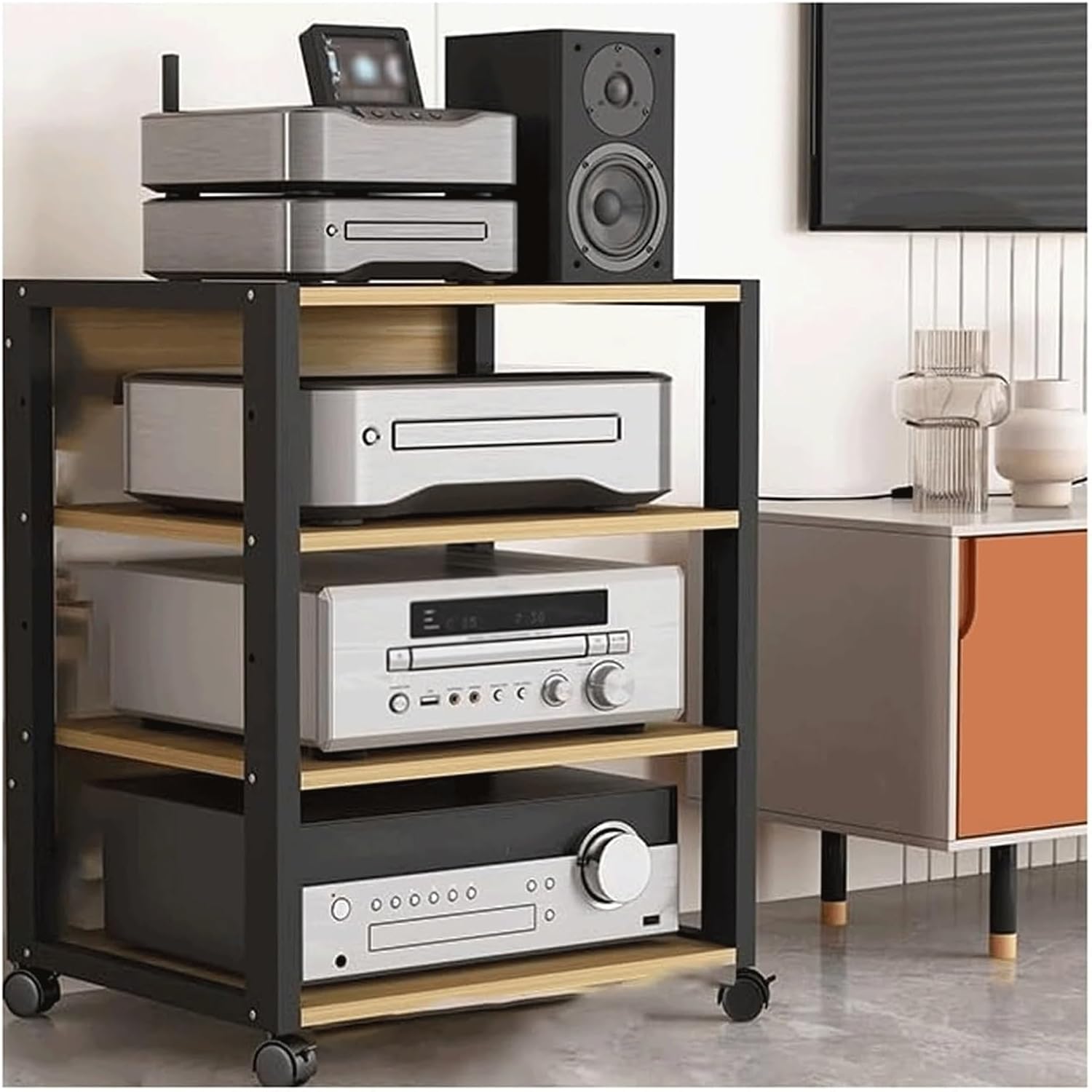 PZEOB Mobile Rack Audio Tower Height Adjustable Shelves Wooden Media Stand with Wheels Audio-Visual Shelving Stereo Stands Audio Rack Cabinet(Natural