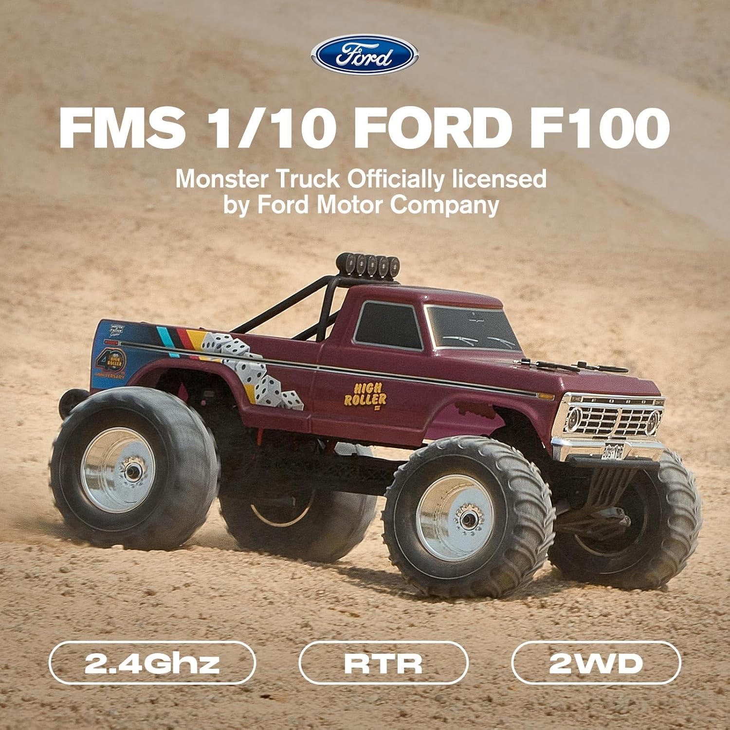 FMS 1/10 Ford F-100 RC Monster Truck, RC Crawler RTR 2WD Off-Road Truck with Wheelie Bar, High-Torque Motor, Hobby Grade Remote Control Car for Adults, First Blood