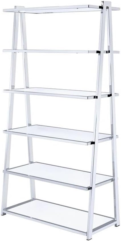 BOWERY HILL Leaning Bookcase in White High Gloss and Chrome
