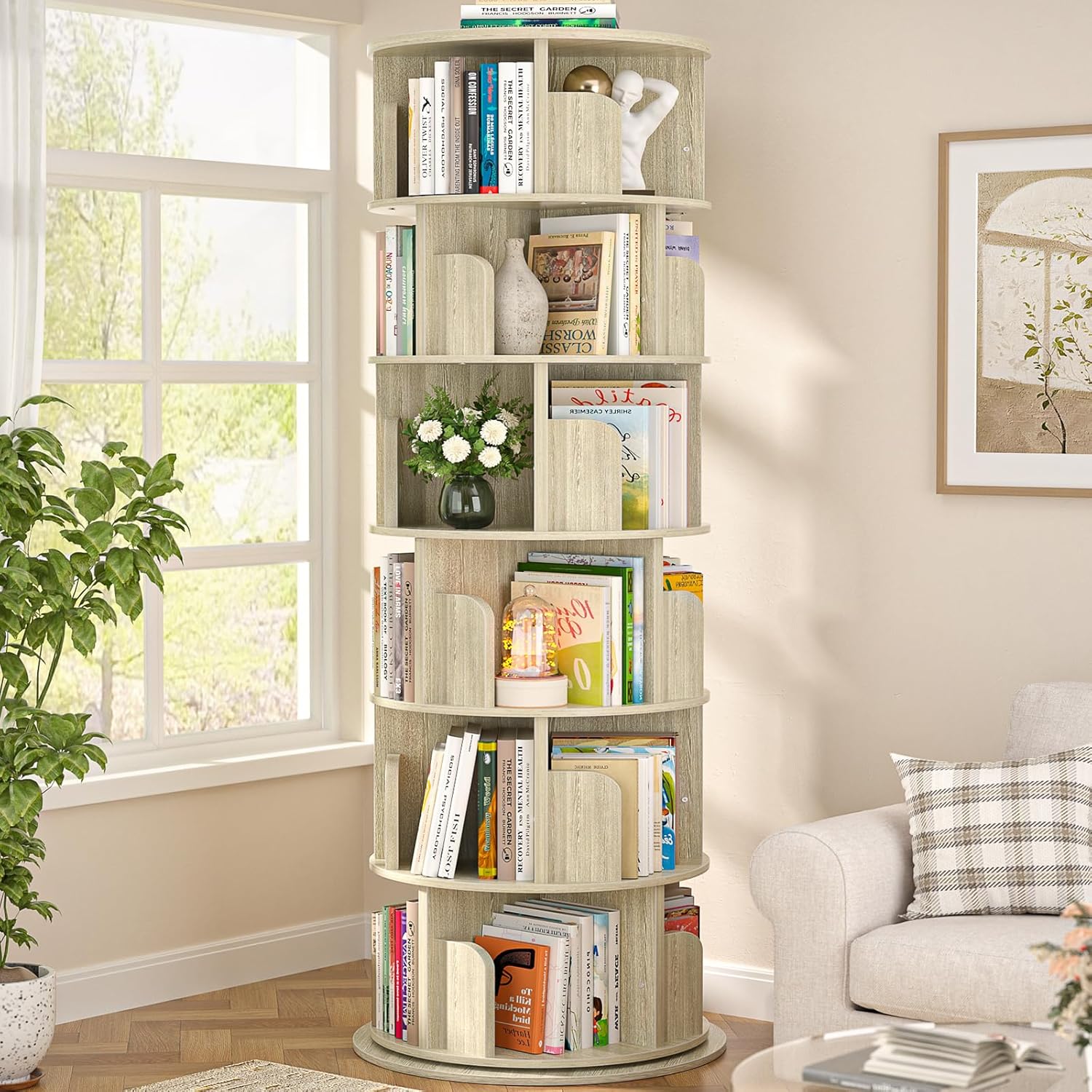 Aheaplus 6 Tier Rotating Bookshelf, Wood Spinning Bookshelf Tower, Round Revolving 360 Bookcase, Narrow Turning Book Shelf Rolling Corner Organizer for Small Space, Bedroom, Office, White Oak