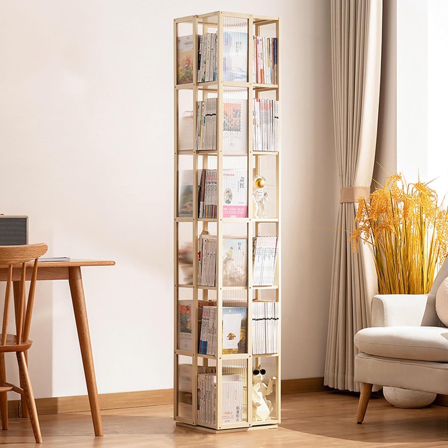 Bamboo & Transparent Acrylic Rotating Bookshelf Tower, 360° Rotating Book Storage Rack, Corner Square Revolving Bookcase for Bedroom, Living Room, Tier Height 11.2in (13.8×13.8×72.4IN)