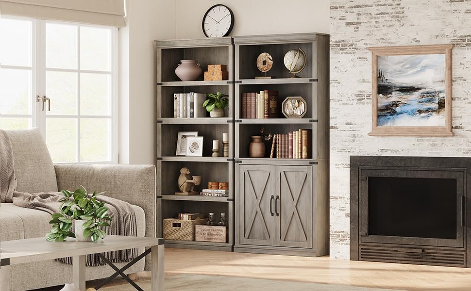 LALFPET Compact 5 Tier Bookcase, Farmhouse Wood Bookshelves with Open Shelves & Doors, Vintage Display Cabinet for Living Rooms, Bedrooms, Apartments, Offices, Grey