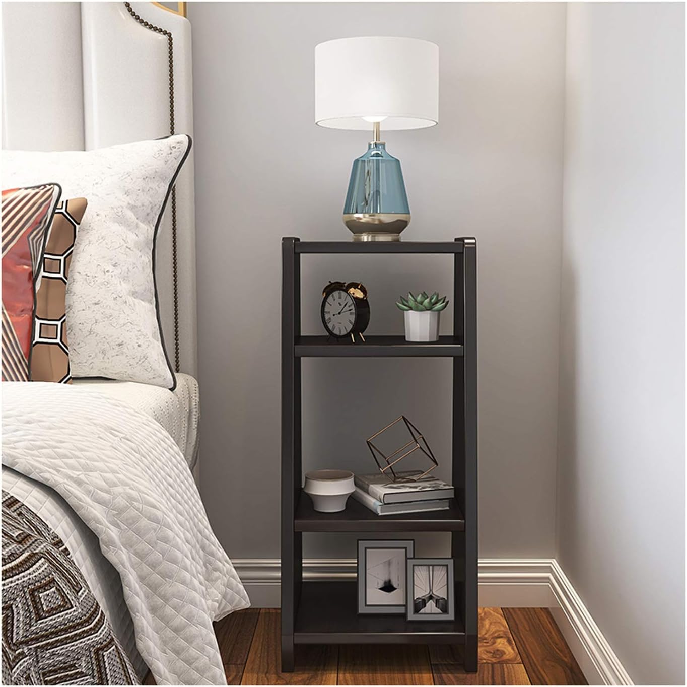 QTBH Bookshelf 4-Shelf Bookcase Trapezoid Wooden Bookshelf Display Shelf Bedroom Nightstand, Freestanding Decorative Storage Shelving，W15.7×D 13.4