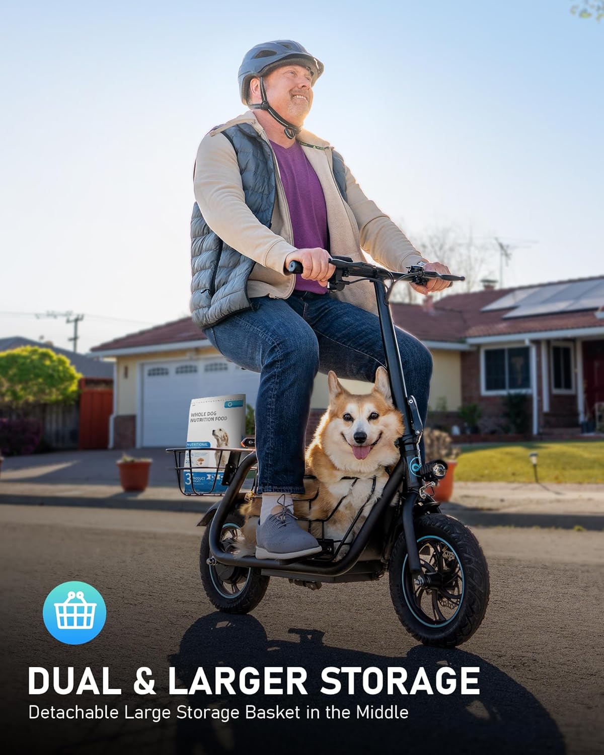 Electric Scooter with Seat, 300W Motor, 15.5MPH Top Speed, 20 Miles Range, Adults E-Scooter with Large Storage Basket for Pets Dogs and Items C1S-PLG