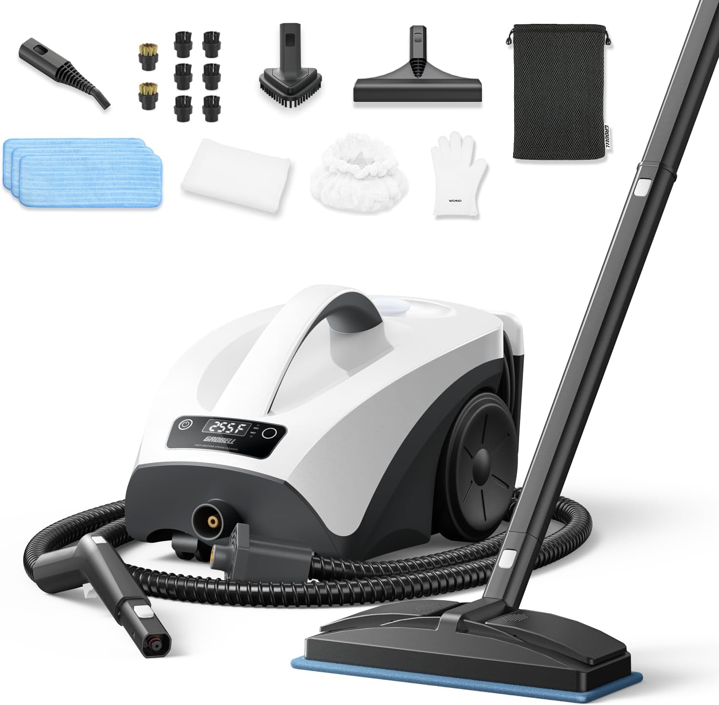 GROBELL Steam Cleaner: 40s Fast Heating-0.66Gal (2.5L) Large Tank-21 PCS Kit-No Cooling-Refill Anytime-Detachable Hose Multi Portable Steamer Mop for Home Car Bed Furniture Tile Grout Floor Cleaning