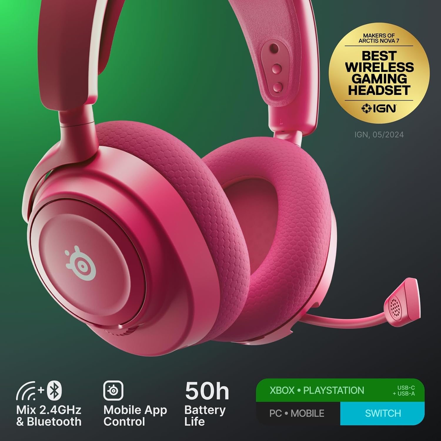 SteelSeries Arctis Nova 7X Wireless Gen 2 Gaming Headset - Real-Time App Control, 50+ HR Play, Neodymium Drivers, Mix 2.4GHz/Bluetooth, Xbox, PC, PS5/PS4, Switch 1/2, Mobile - Magenta