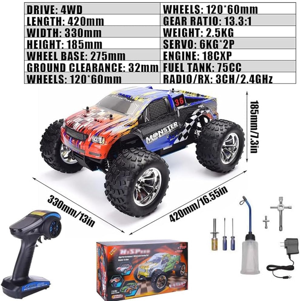 1/10 Nitro RC Truck 80KM/H Fast Nitro Gas Power Car 4WD Hhigh Speed Off Road Climbing Truck Buggy for Adult 18CXP Gas-Engine Remote Control Truck RTR Hobby Racing Vehicle Short Course Crawler
