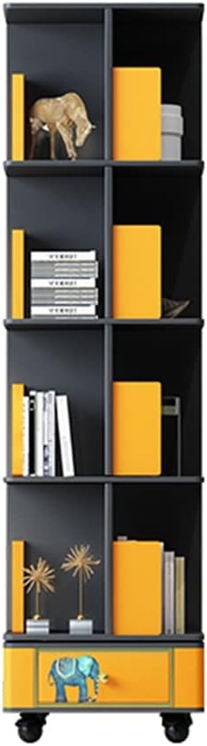 360 Degree Rotation 4-Layer Solid Wood Bookshelf with Drawers and Wheels, Home Office Library School Floor Mounted Bookcase (Color : A, Size : 43x43x152.5cm)