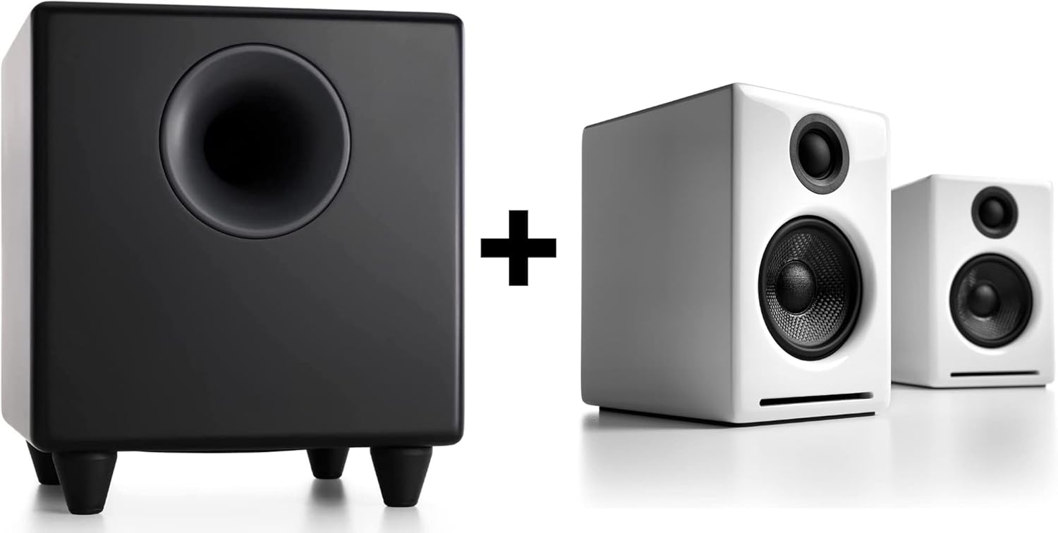 Audioengine A2 White Speakers for Computer Desktop and S8 Black Subwoofer