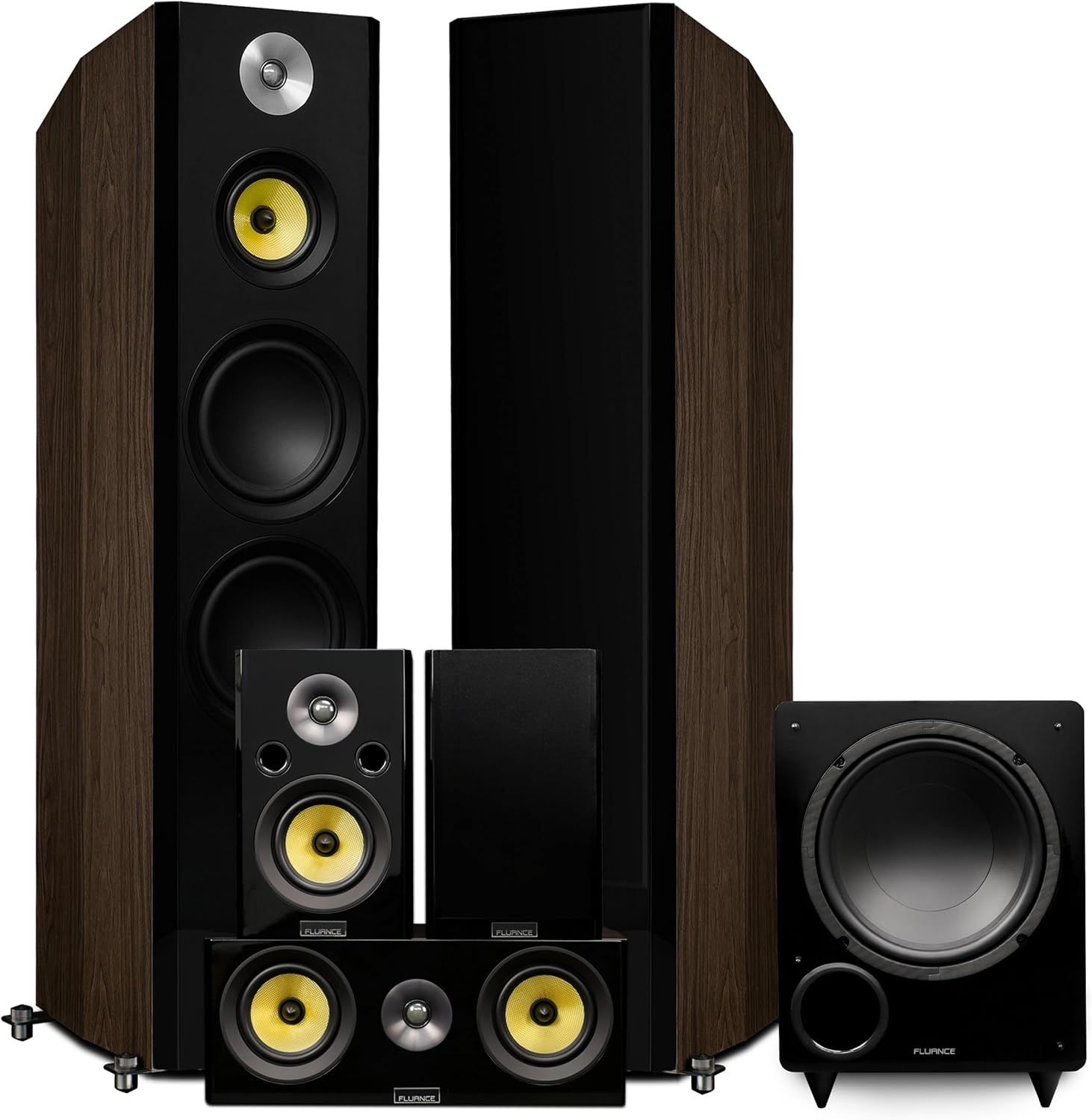 Fluance Signature HiFi Surround Sound Home Theater 5.1 Channel Speaker System Including 3-Way Floorstanding Tower, Center Channel, Rear Surrounds and DB10 Subwoofer - Natural Walnut (HF51WR)