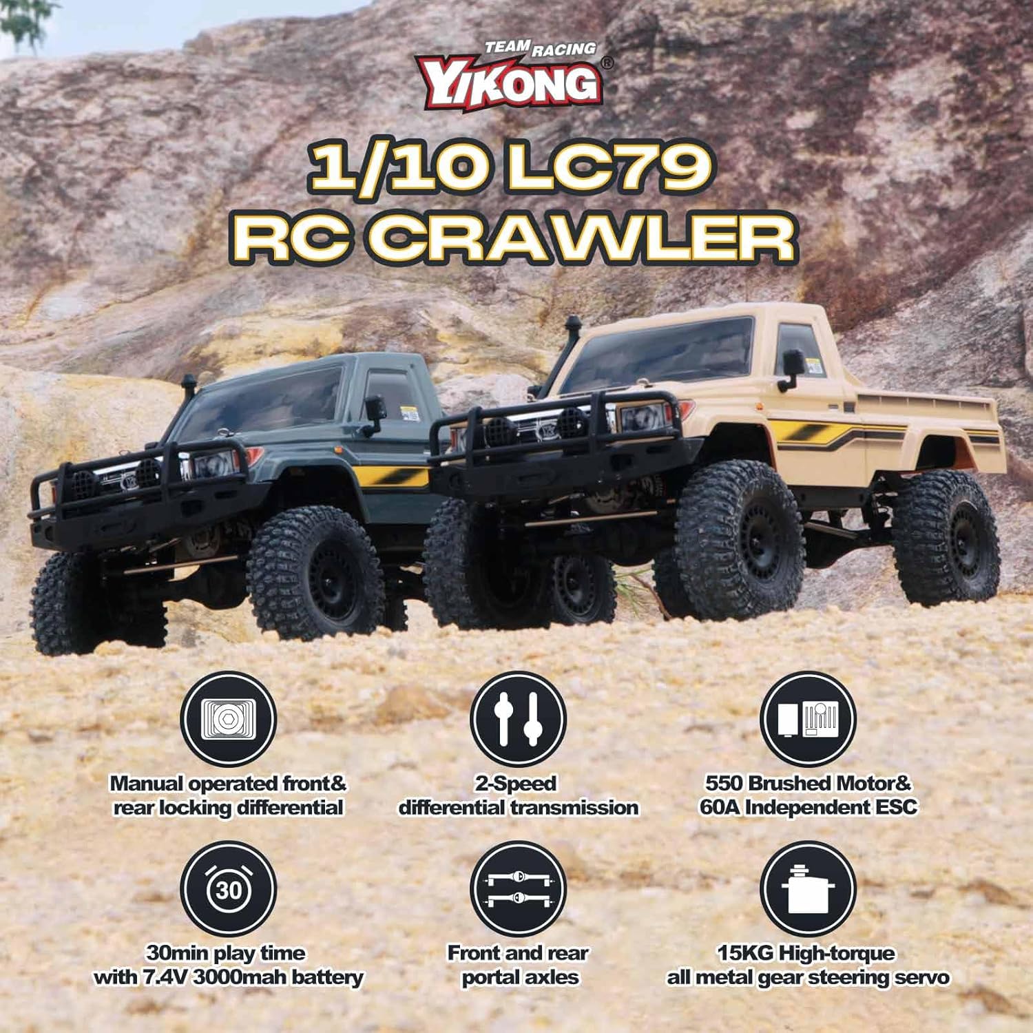 EAZYRC YKHOBBY 1/10 Scale 4X4 RC Rock Crawlers- LC79 Style 4WD Off-Road RC Rock Trucks, Manual Diff Locks, 2-Speed Transmission, Upgradeable Brushed Motor, 4WD Off-Road RTR for Adults & Teens