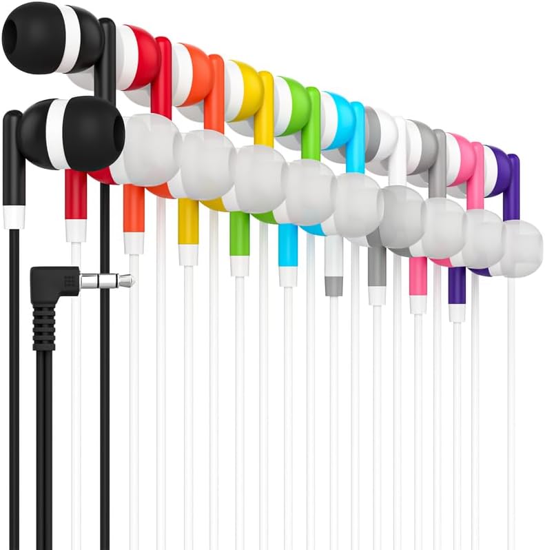 Maeline Bulk Earbuds 500 Pack Stereo Headphones Ideal for K-12-College Classrooms, Library, Travel, Gym, Museum, 3.5mm Plug, Tangle-Free Wired Earbuds for Phone, Tablet, Computer, Laptop, Multicolors
