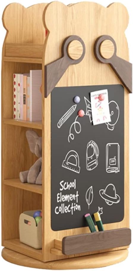 360 ° Rotary Solid Wood Bookshelf, Cartoon Bear Floor Type Corner Bookcase for Children's Room Kindergarten Picture Book Library