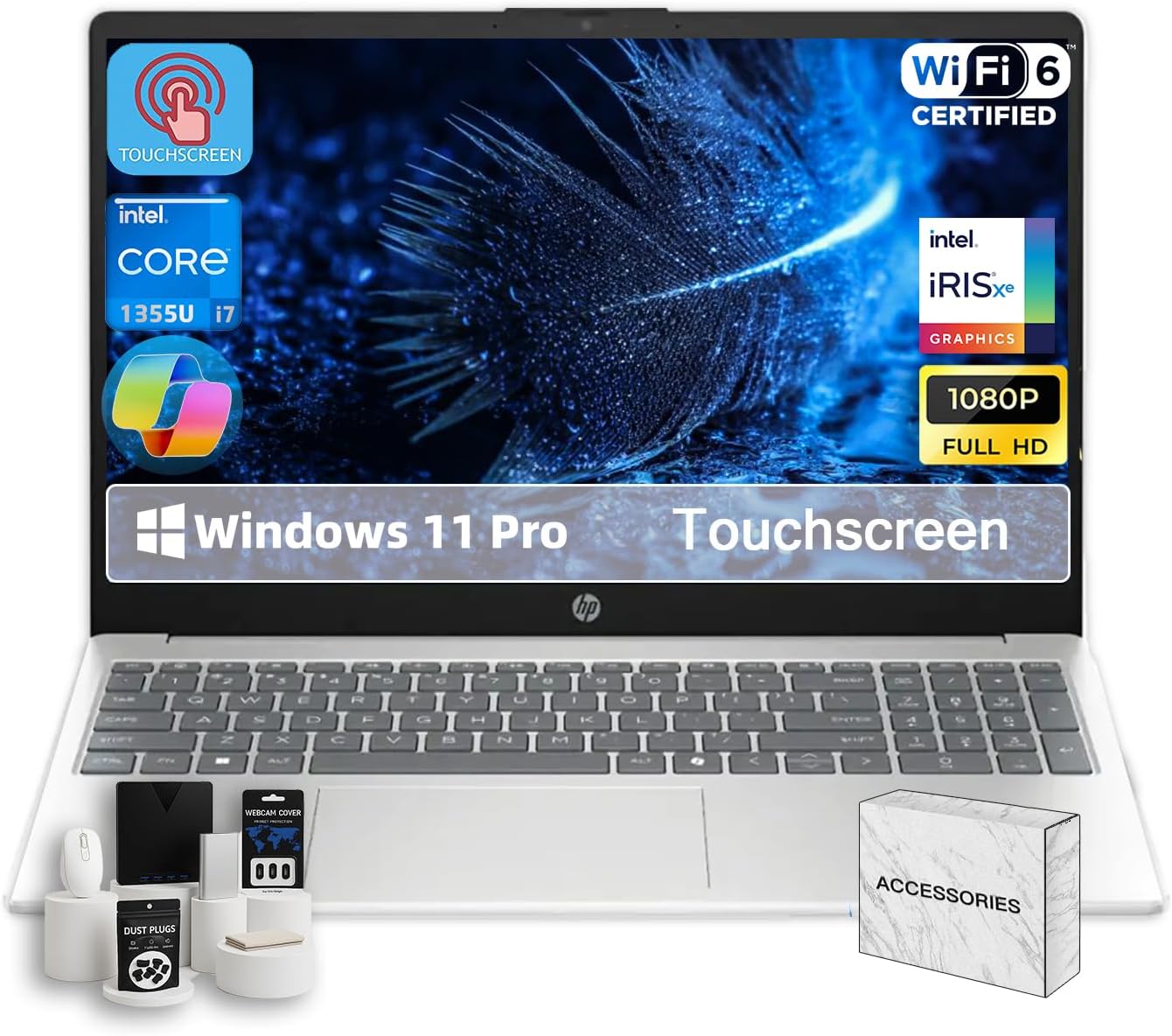 HP 15.6-inch Touchscreen Laptop for Business and Students - Intel 13th Gen i7-1355U (up to 5 GHz), 32GB RAM, 1TB SSD, FHD IPS Touch Display, Copilot, HD Webcam, HP Fast Charge, Win 11 Pro, Accessories