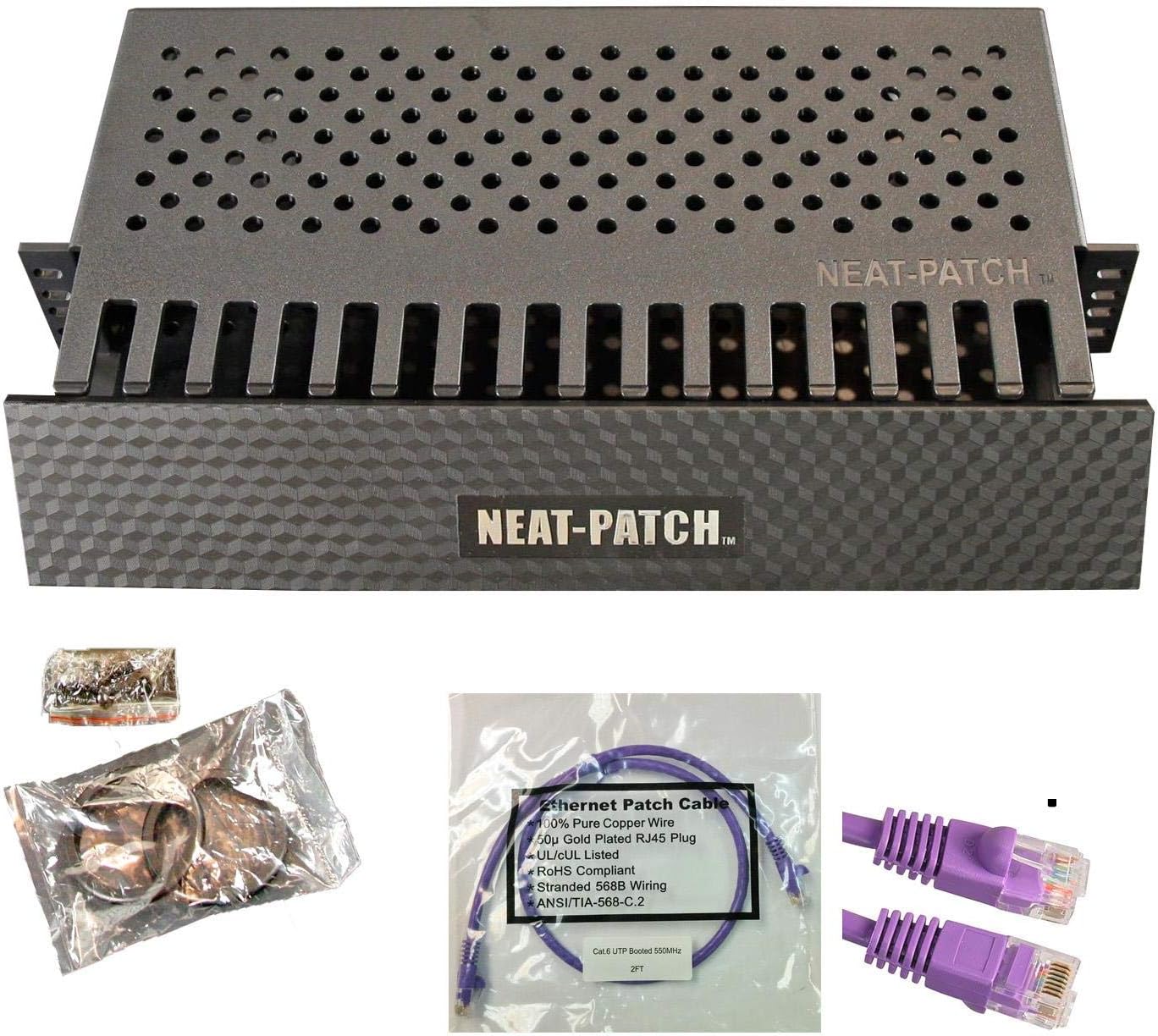 Neat Patch 2U Cable Management Kit - 10 Packs w/ 240 CAT6 Patch Cables (2FT Purple)