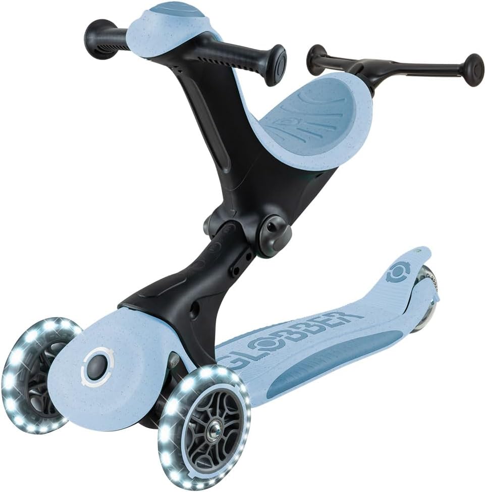Globber - GO•UP Deluxe Lights ECO 360-3-Wheel Scooter with 360° Rotatable Seat, Footrest, LED and Durable Materials, 15 Months to 6 Years - Blueberry