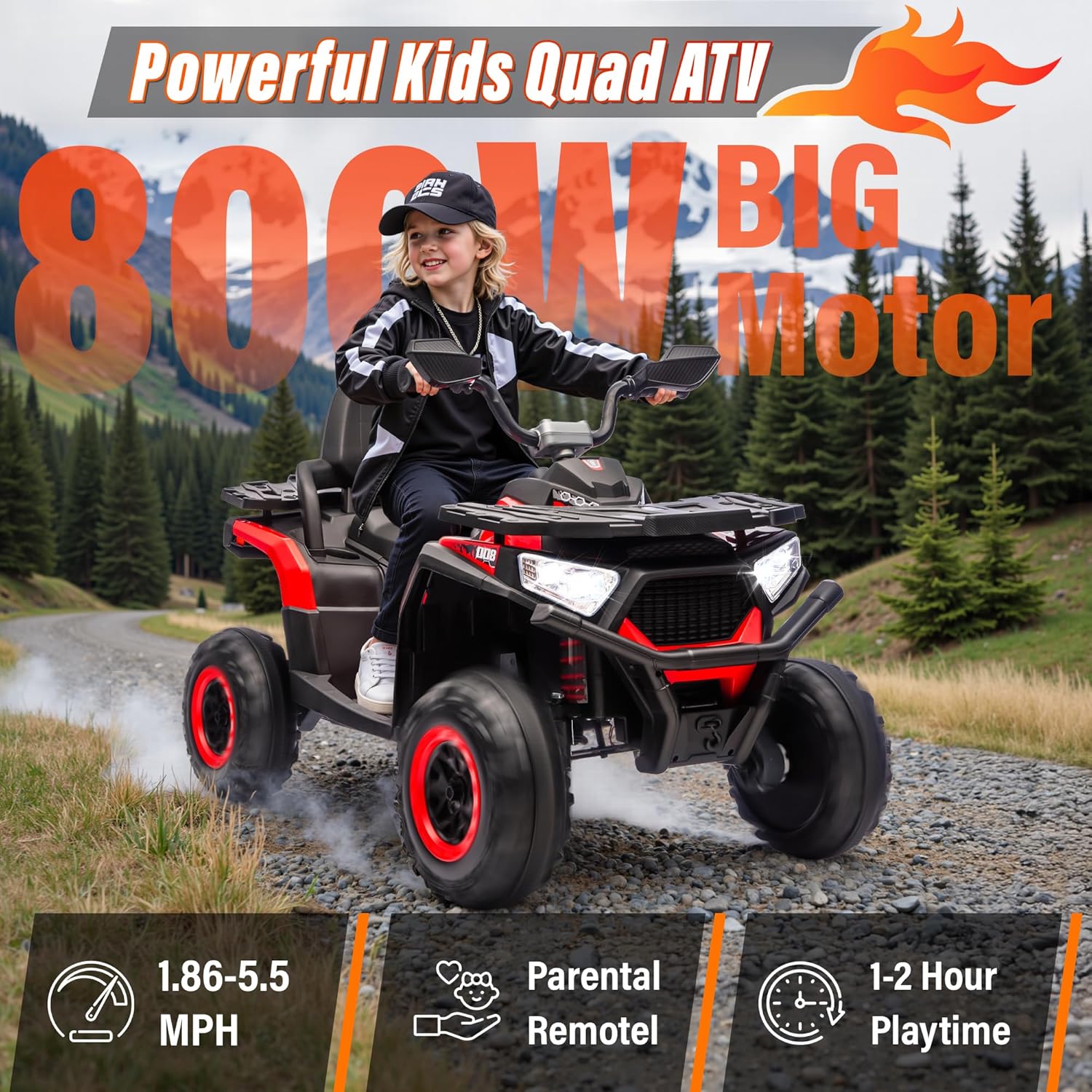 Kids Ride-On Electric ATV, 24V Battery Powered Kids Electric Vehicle 4-Wheeler Quad Car Toy w/Beverage Port, Kneepads, 800W Motor, 4 Spring Suspension, LED Headlights, Music
