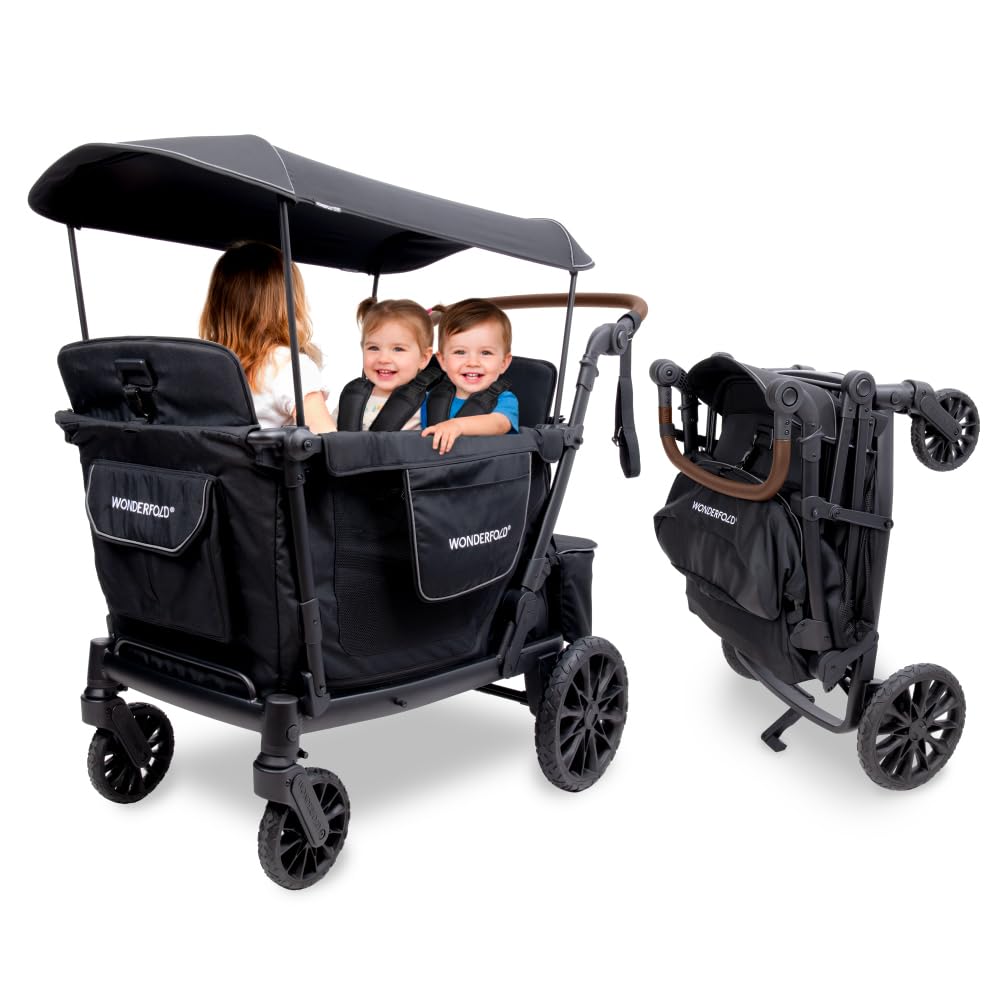 WonderFold L4 Quad Stroller Wagon (4 Seater) - Smooth Ride, Secure Harnesses, and All-Weather Canopy 4 Seat Wagon Stroller for Kids, Safety-Certified - Jet Black