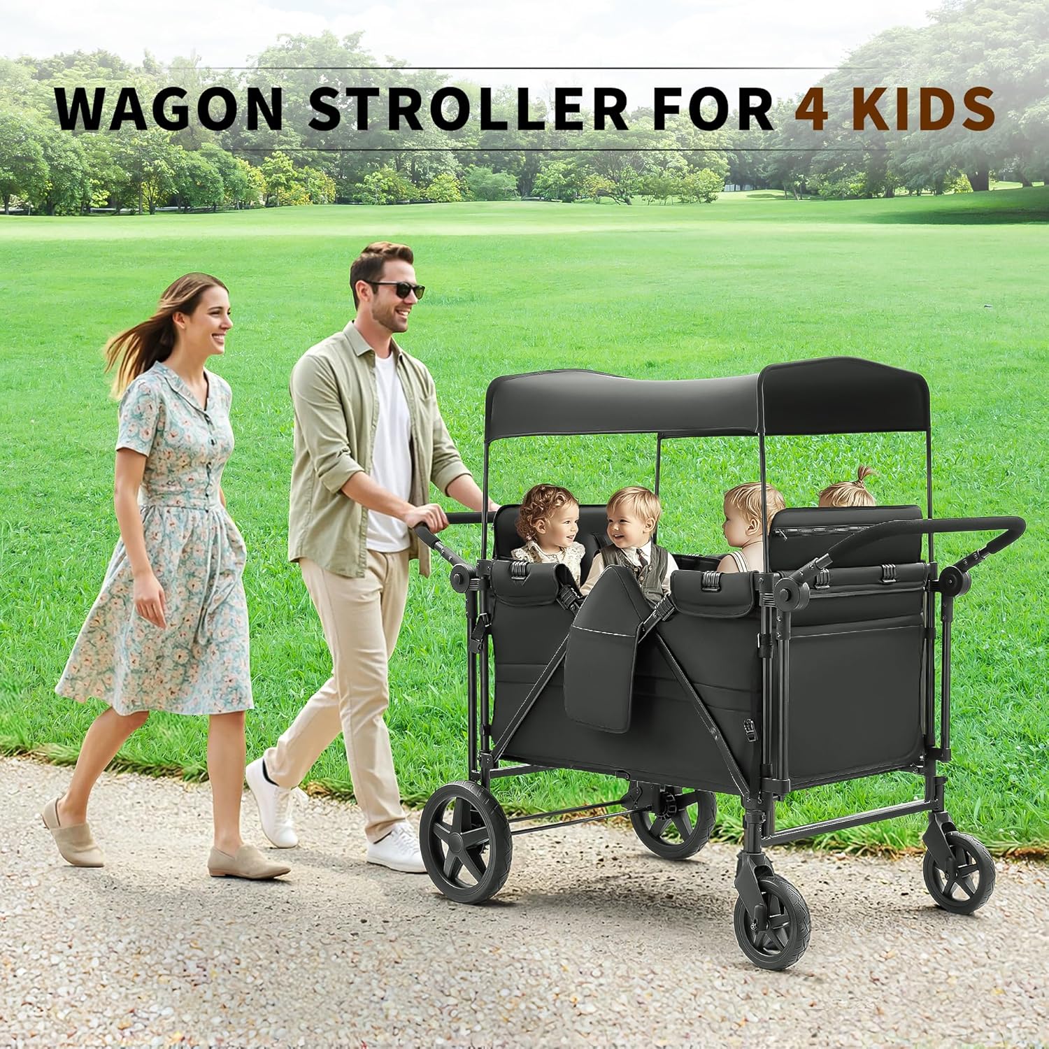 Stroller Wagon for 4 Kids, Wagon Stroller 4 Seater Featuring Dual Push Handles, Adjustable Canopy, 5-Point Harnesses and High Seat, All Terrain Foldable Quad Wagon for Kids Outdoor, Black