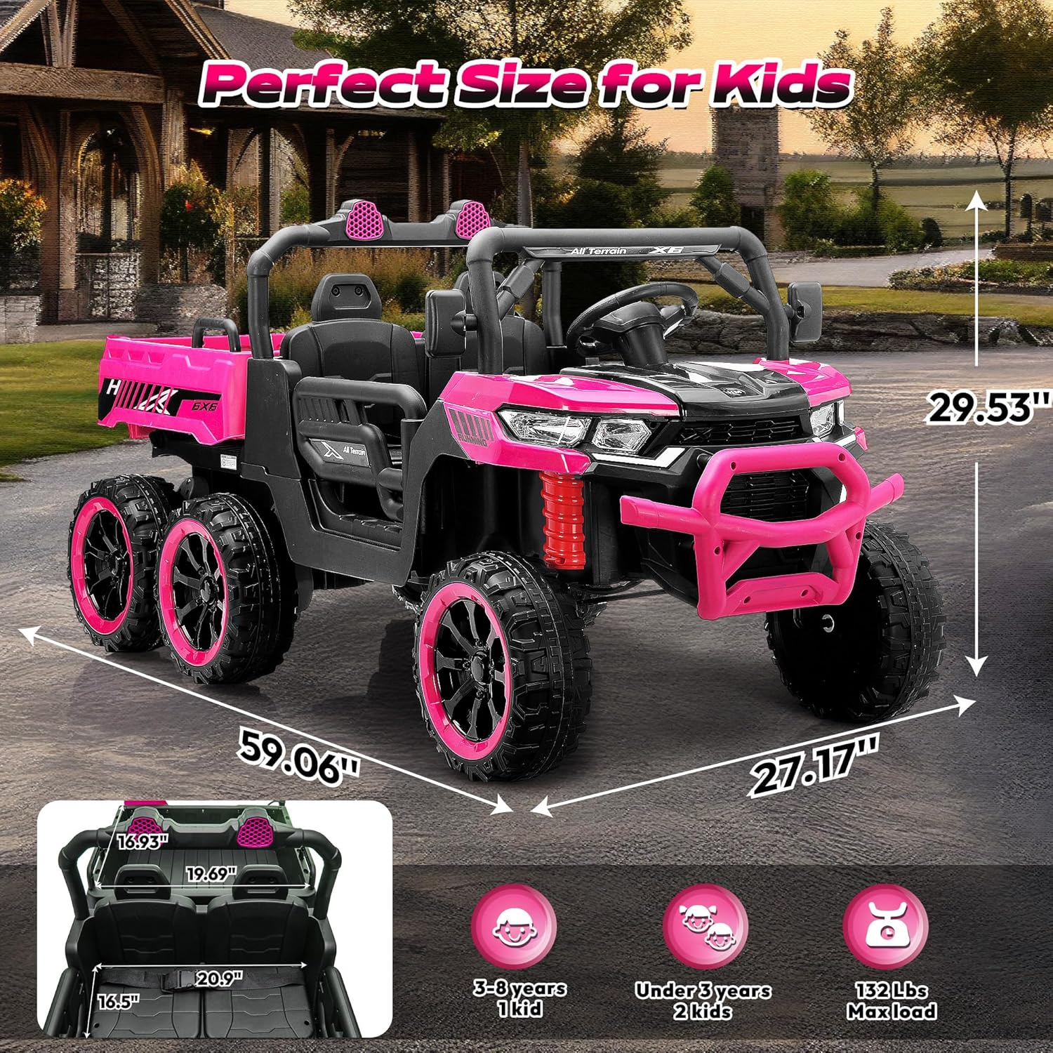 24V 2-Seater Ride on Dump Truck, 4WD 6-Wheel Kids Ride on Car Toys w/Remote Control, Electric Dump Bed, Toy Shovel, LED Lights and Music, 24V Ride on Toys for Big Kids Boys Girls (Pink)