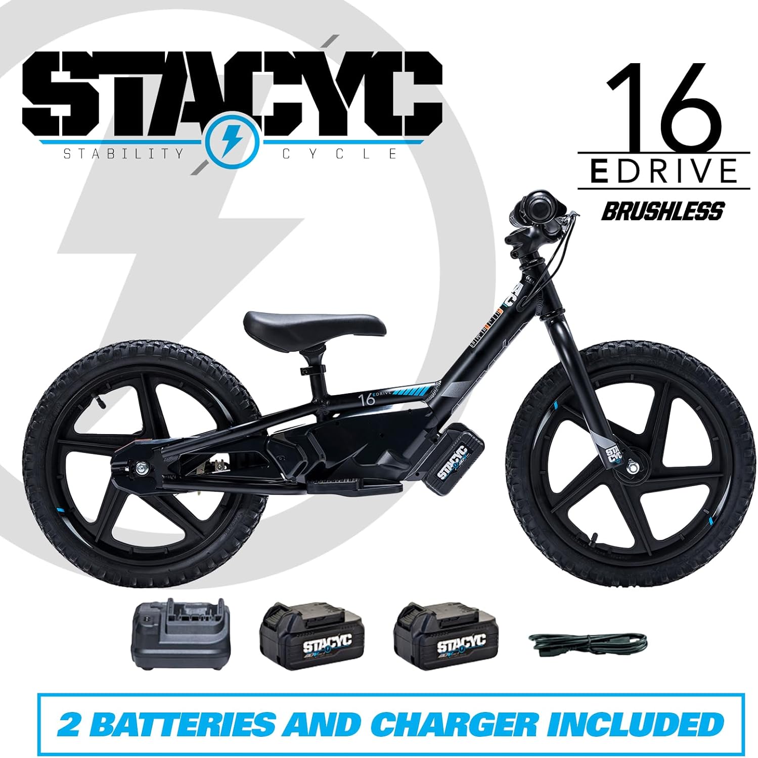 STACYC Brushless 16eDRIVE Electric Balance with Additional 5AH 20VMAX E Bike Battery for Kids Ages 5-7 Years Old