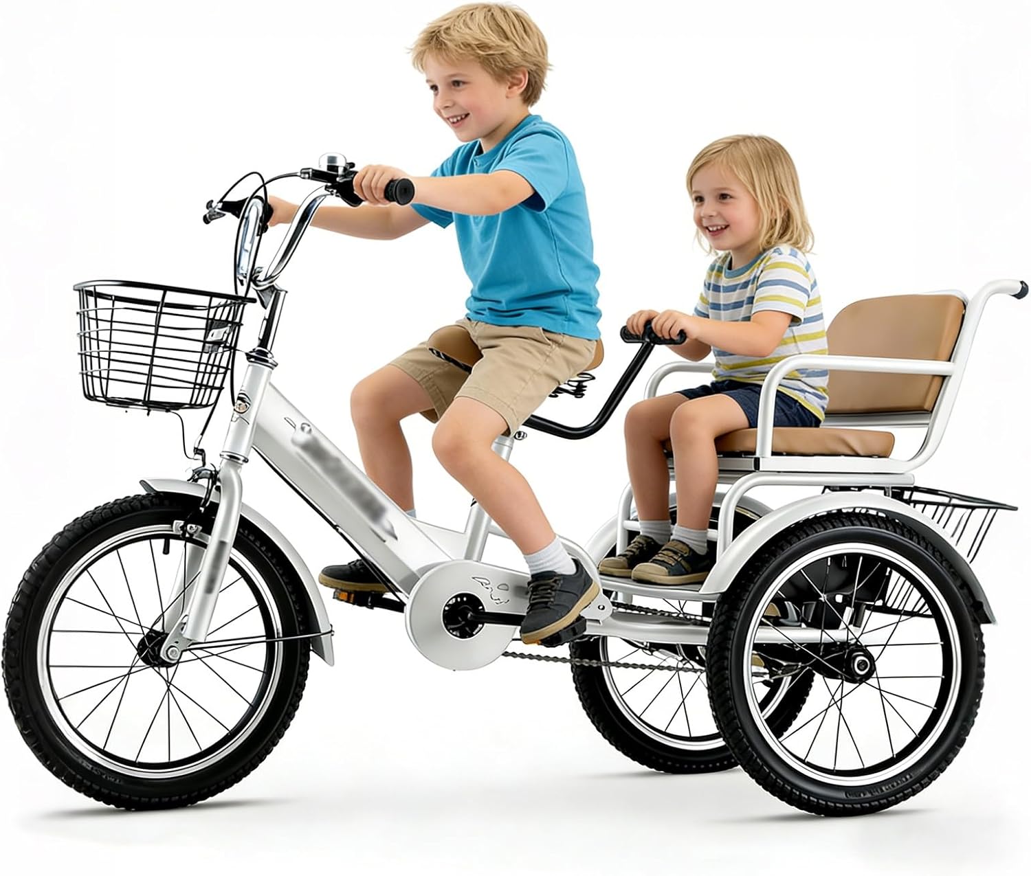 Double Toddler Tricycle, Sturdy Toddler Ride On Toys Age 2-9 for Outdoor Indoor, 3 Wheel Kids Tricycle Rider, Adjustable Seat & Handle(Grey,18in/44cm)