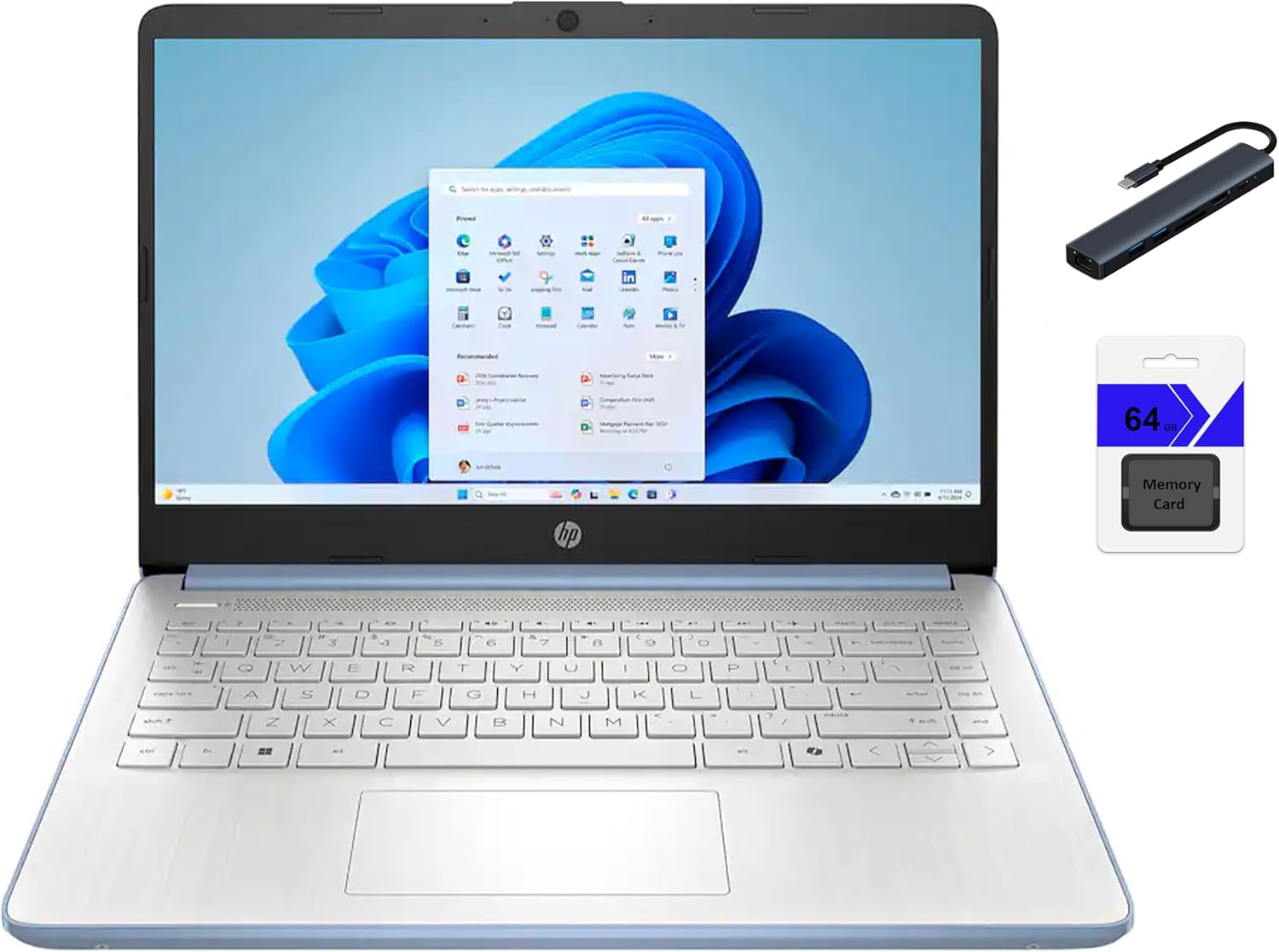 HP 14 inch HD Laptop, Intel Processor N150, 8GB RAM, 128GB UFS + 64GB Memory Card, Copilot AI, Windows 11 Home in S Mode, One-Year Microsoft Office 365, Sky Blue with TGY Accessories