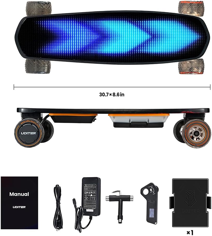 Electric Skateboard with Remote, Max 600W×2 Hub-Motors, Swappable Battery, Up to 28 MPH, 12–25 Miles Range, 4 Speed Modes, Electric Longboard for Adults & Beginners (Flamo / S3 / Pixel Series)