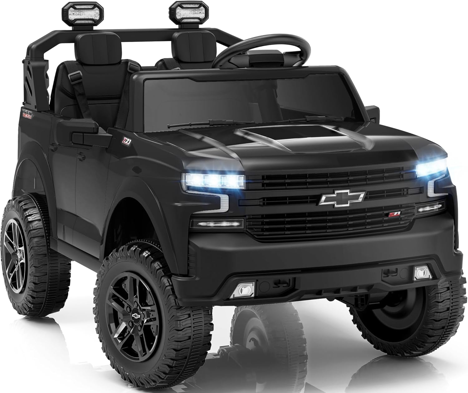 First Ride On 24V 2 Seater Ride on Toys Licensed Chevrolet Silverado, Electric Vehicle with Remote Control and Seat Belts, Electric Ride On Truck wtih Trunk, Bluetooth and LED Lights (Black)