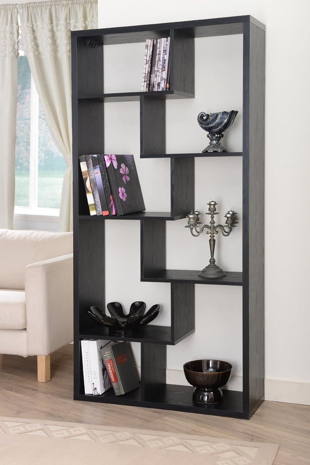 ioHOMES Jax Unique Contoured Bookcase Display Stand Room Divider, Vintage Walnut