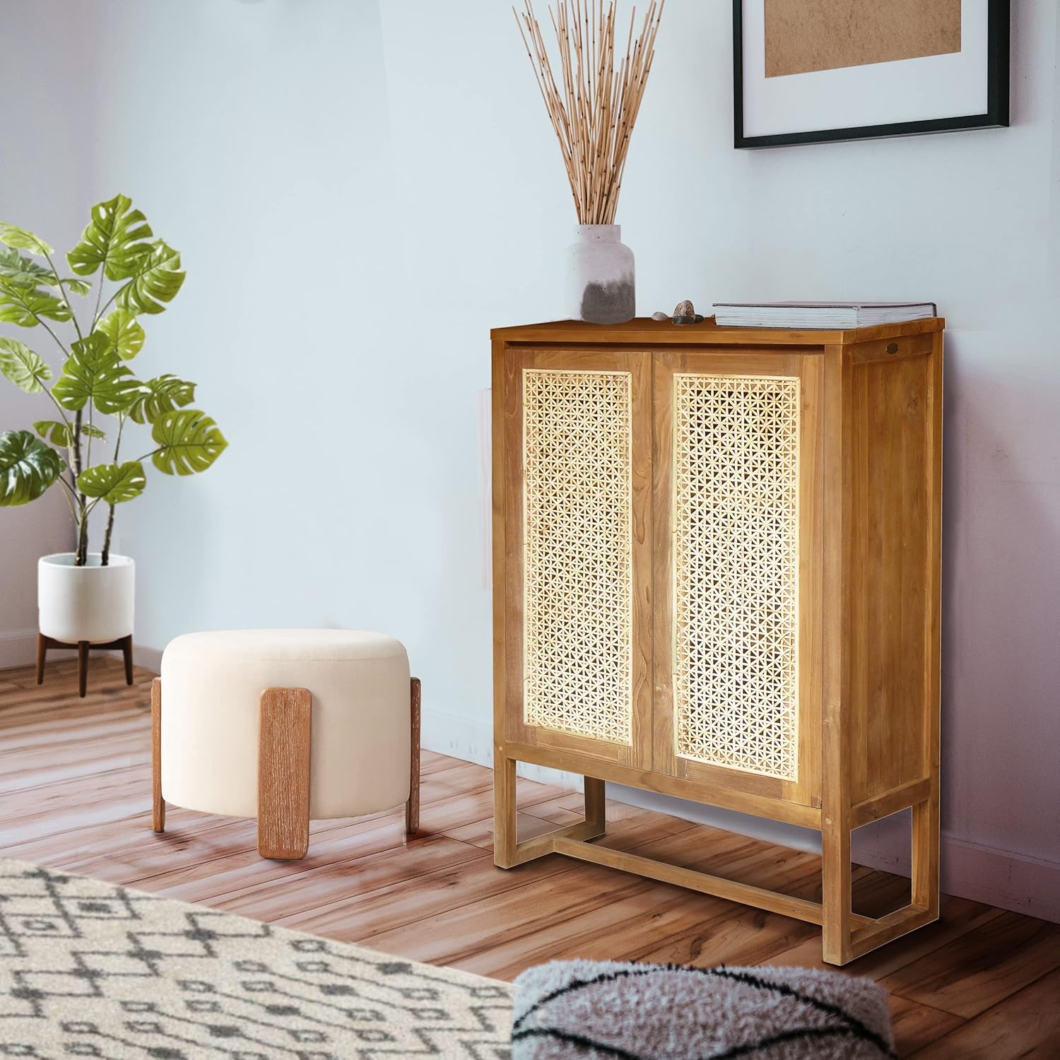 Recycled Teak Wood West Indies Rattan Cupboard/Bookcase
