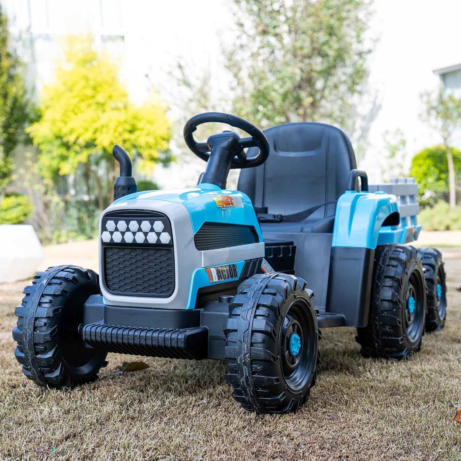 24V Electric Ride On Tractor for Boys, 6-Wheel Battery Powered Farm Truck with Trailer, 2x200W Motors, Remote Control, Bluetooth, LED Lights, Soft Start, Blue