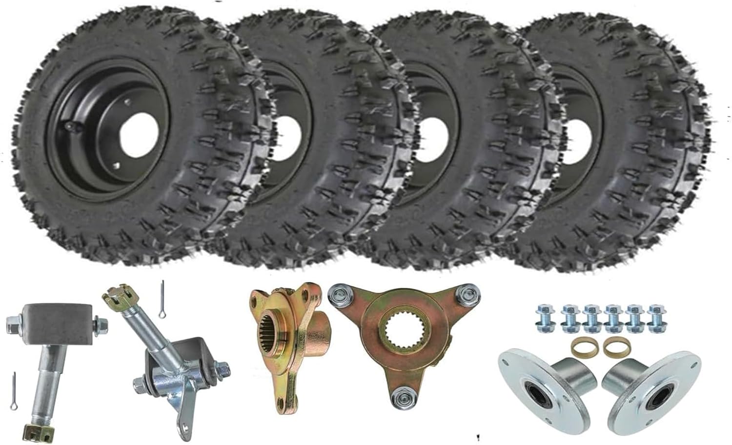 4 Pack 4.10-6 Tire & Wheel Kit with 3-Hole Rim, 78mm Spacing, Front 17mm Steering Knuckles & 23T Rear Axle Hub, 3 Stud Front Hubs for Go Kart, ATV, Quad, Buggy, Lawn Mower, Scooter, Drift Bike